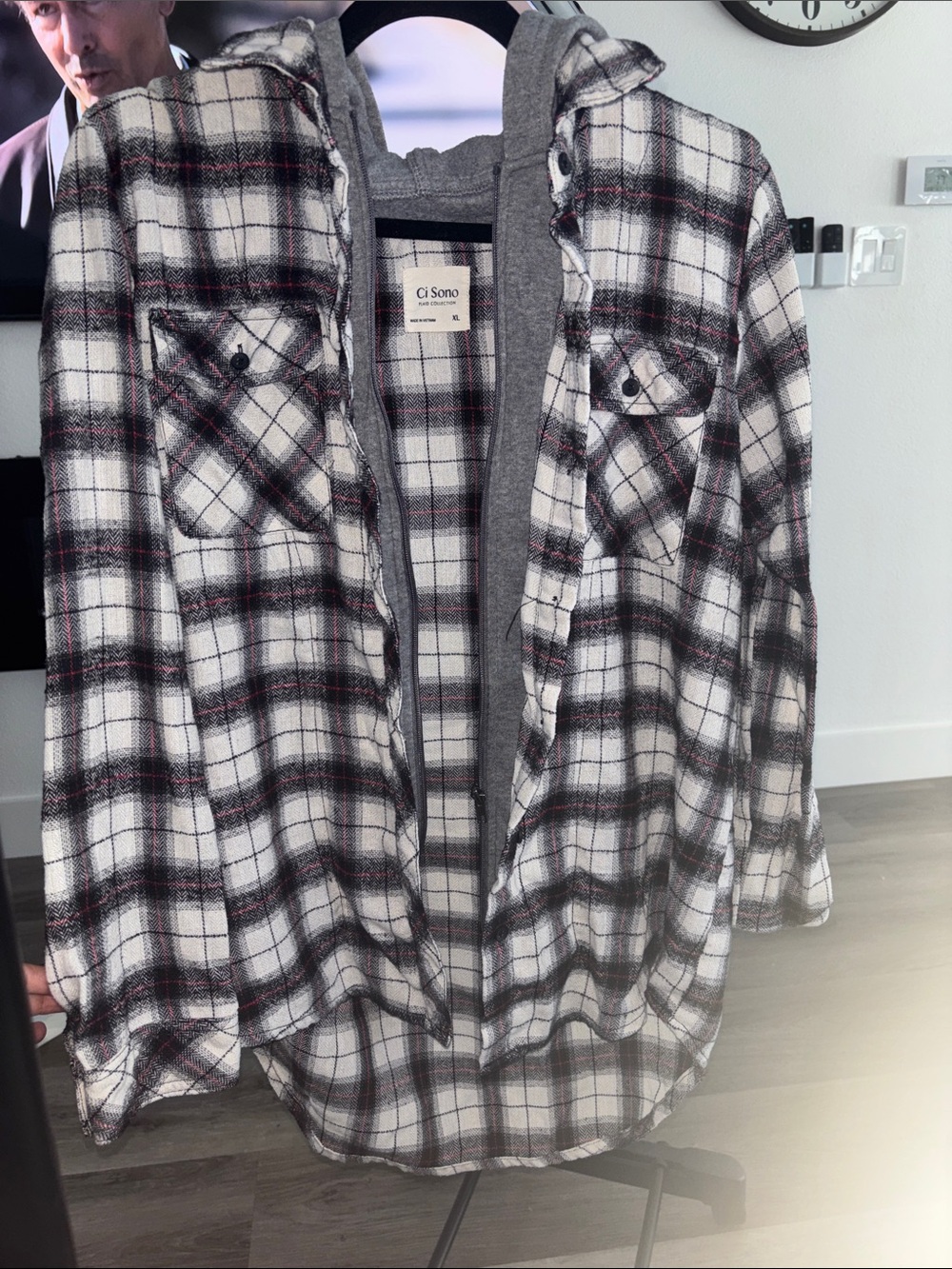 Ci Sono Black, White & Red Plaid Hooded Button-Down Shirt Jacket